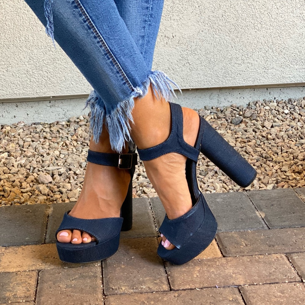 Denim Blue Distressed Towering Platform Sandal - Picture 8 of 12